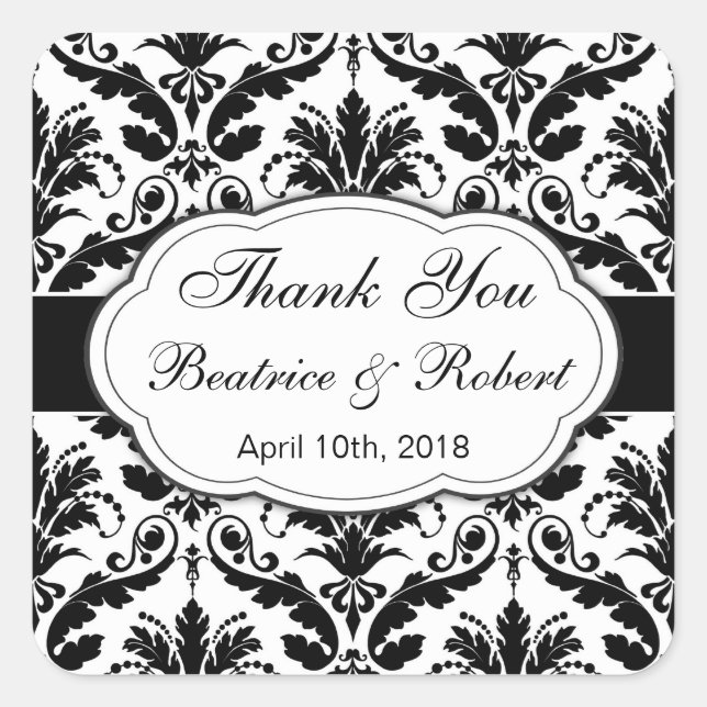Damask black, white Wedding Thank You Square Sticker (Front)