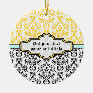 Damask black white yellow aqua ornament
