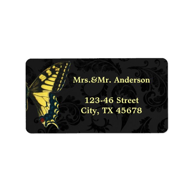 damask black yellow butterfly wedding label (Front)