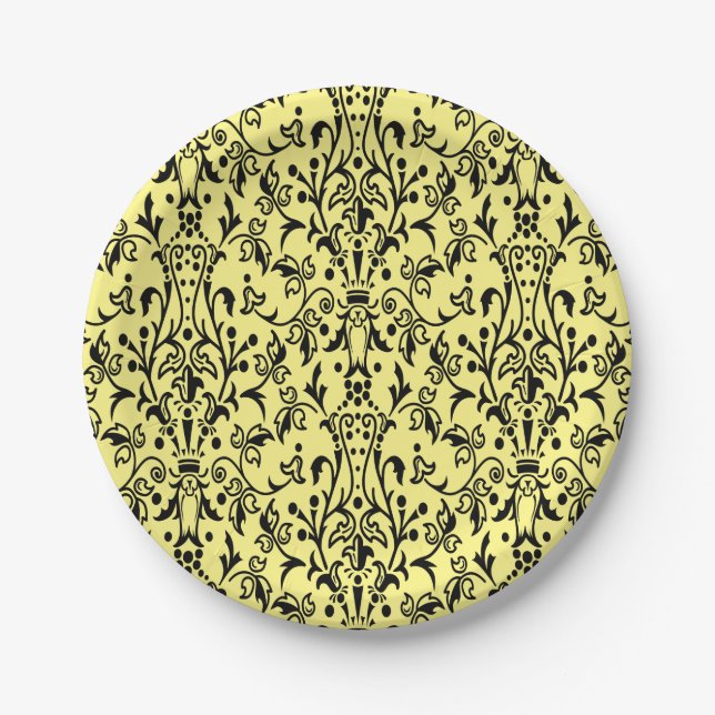 Damask Black & Yellow Paper Plate (Front)