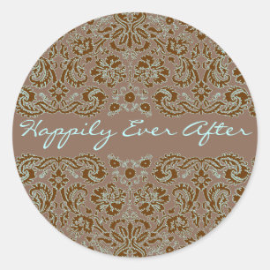Damask Blue and Brown Wedding More Brown Classic Round Sticker