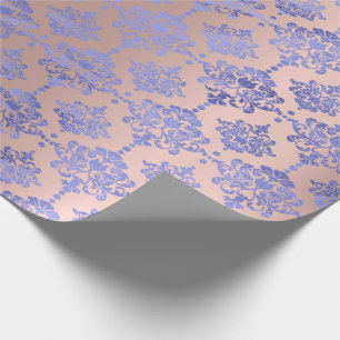 Damask Blue Cobalt Indigo Rose Gold Royal Wrapping Paper
