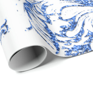 Damask Blue Indigo Royal White  Antonietta Cottage Wrapping Paper