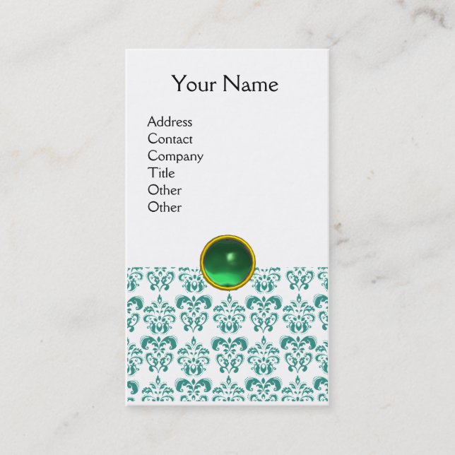 DAMASK BLUE MONOGRAM gem green white Business Card (Front)