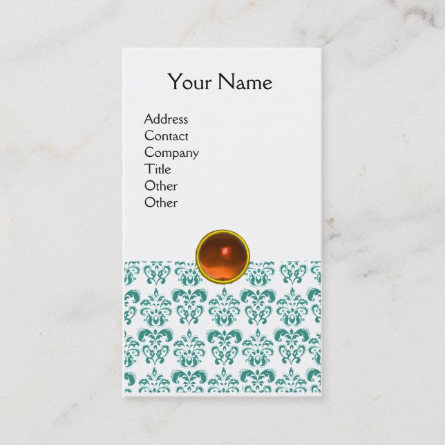 DAMASK BLUE MONOGRAM gem orange Business Card (Front)