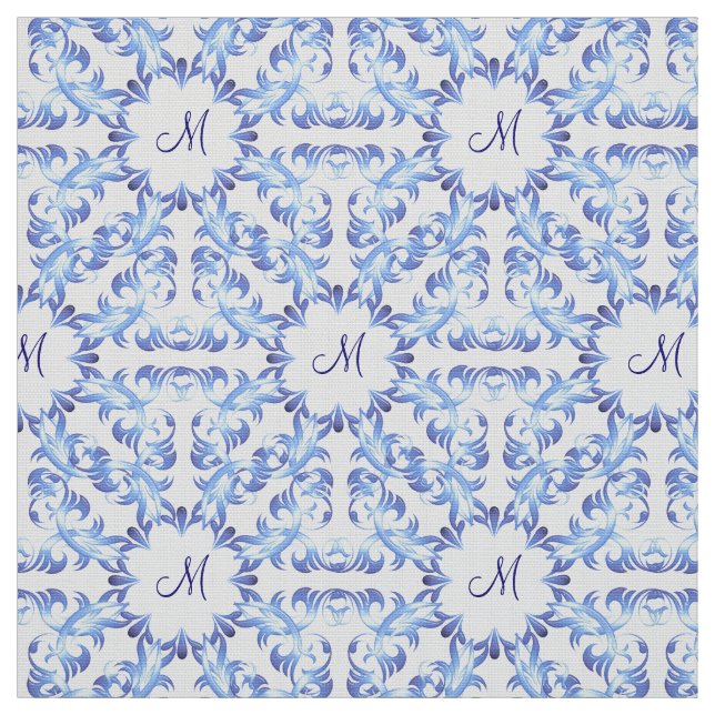 damask blue pattern. monogram. fabric (Swatch)