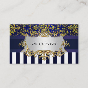 Damask Blue White Stripe, Blue Ribbon, Gold \Label Business Card
