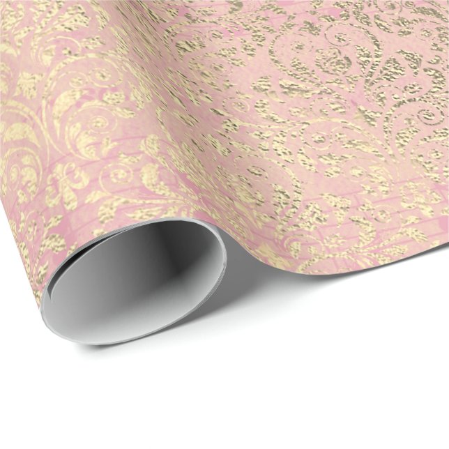 Damask Blush Pink Rose Gold Foxier Salmon Royal Wrapping Paper (Roll Corner)