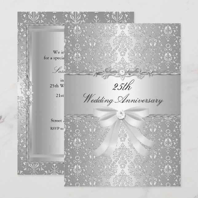 Damask Bow 25th Wedding Anniversary Invite (Front/Back)
