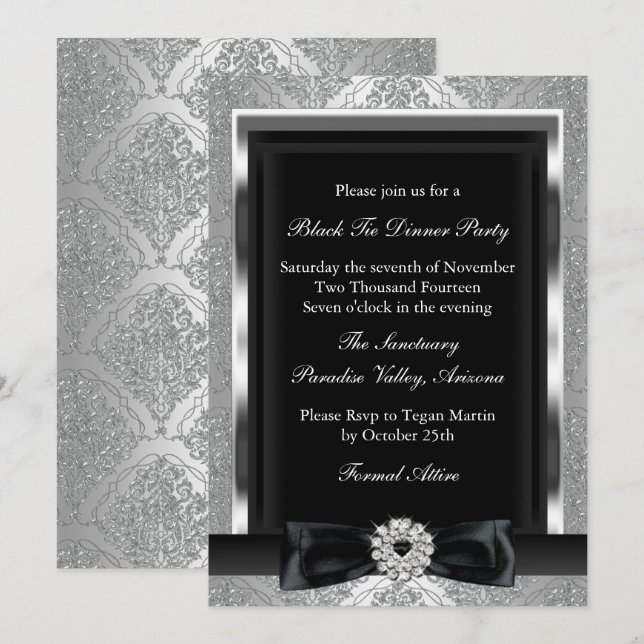 Damask & Bow Formal Black Tie Dinner Party Invite (Front/Back)