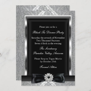 Damask & Bow Formal Black Tie Dinner Party Invite