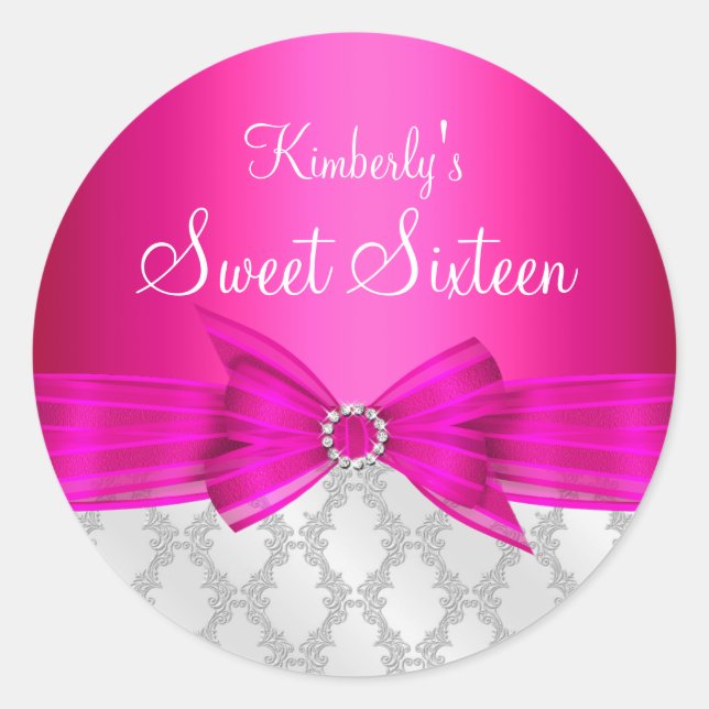 Damask & Bow Pink Sweet Sixteen Sticker (Front)
