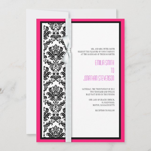 Damask Bow Wedding Invitation with Hot Pink (Front)
