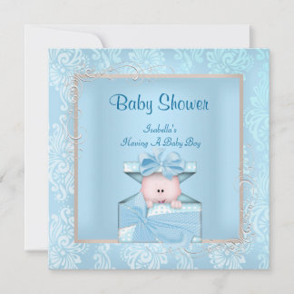 Damask Boy Baby Shower Blue White Floral Invitation