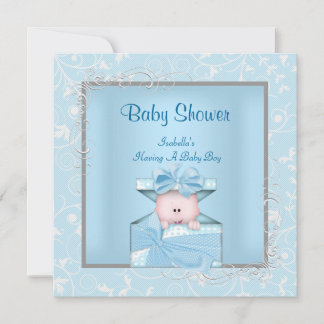Damask Boy Baby Shower Blue White Floral Invitation