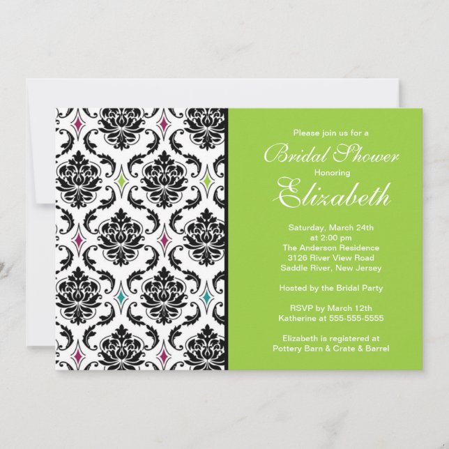 Damask Bridal Shower Invitation Black & Green (Front)