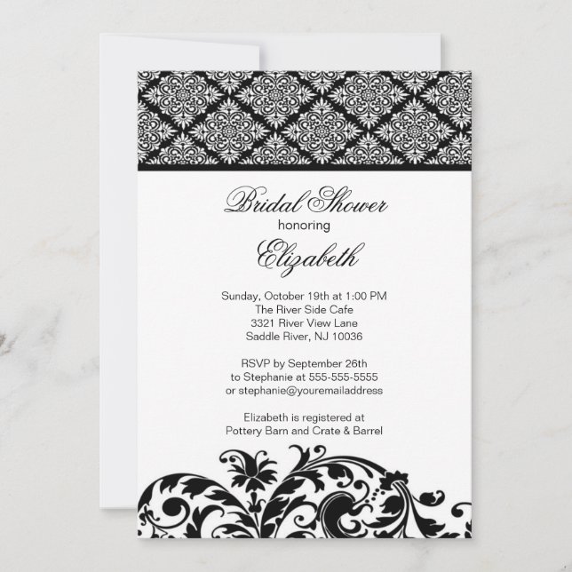 Damask Bridal Shower Invitation Elegant Black (Front)