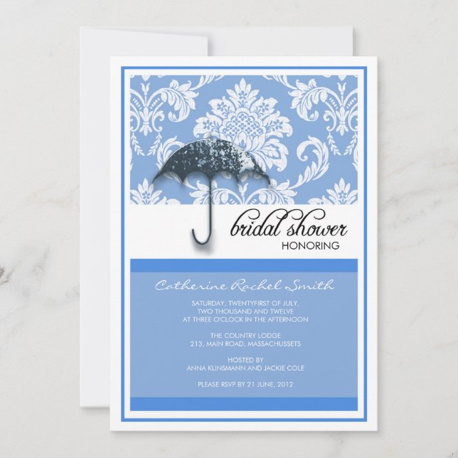Damask Bridal Shower Invitation in Blue (Front)