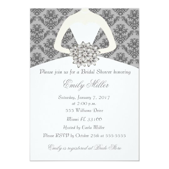 Damask Bride Grey Bridal Shower Invitation