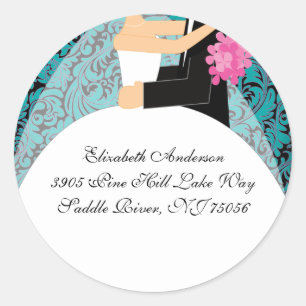 Damask Bride & Groom Address Sticker Turquoise