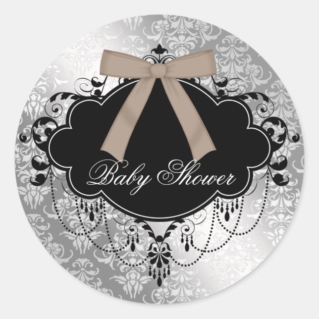 Damask Brown Black Baby Boy Shower Sticker (Front)