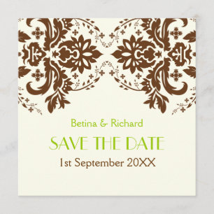 Damask brown, green, ivory wedding Save the Date
