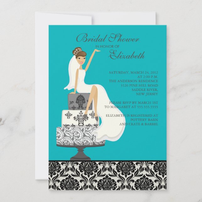 Damask Brunette Bride Bridal Shower Invitation (Front)