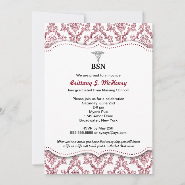 Damask Burgundy Nurse pinning graduation BSN RN Invitation (Front)