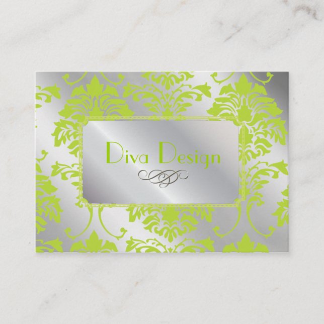 Damask business card in lime green on silver tone (Front)