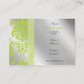 Damask business card in lime green on silver tone (Back)