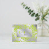 Damask business card in lime green on silver tone (Standing Front)