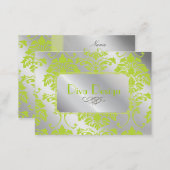 Damask business card in lime green on silver tone (Front/Back)