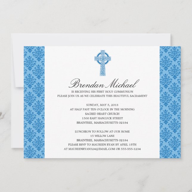 Damask Celtic Cross First Communion Invitation (Front)