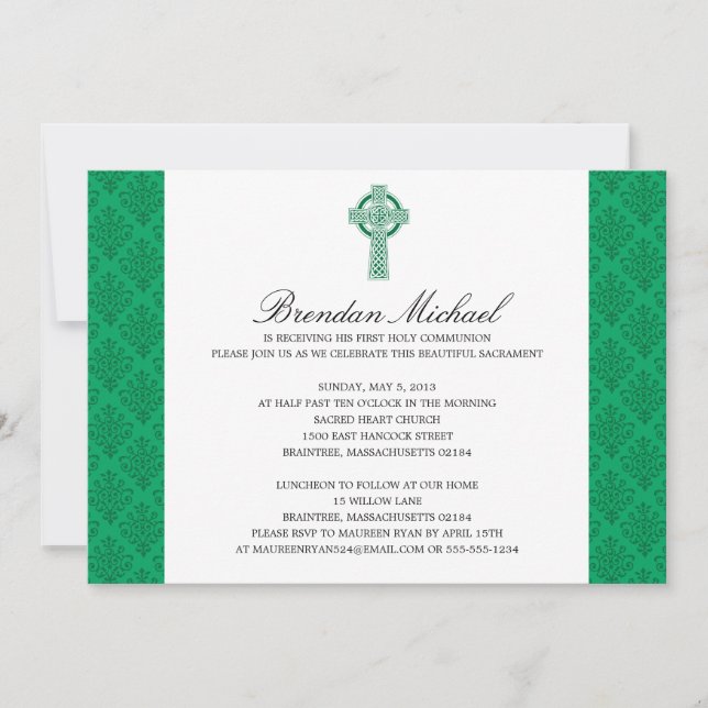 Damask Celtic Cross First Communion Invitation (Front)
