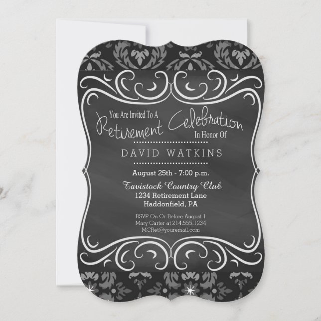 Damask & Chalkboard Retirement Party Invitation (Front)