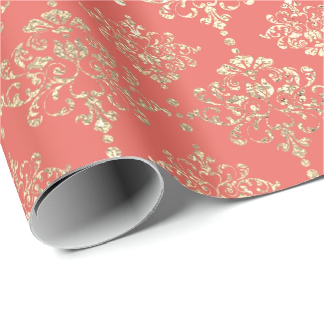 Damask Champagne Coral Royal Metallic Faux Gold Wrapping Paper (Roll Corner)