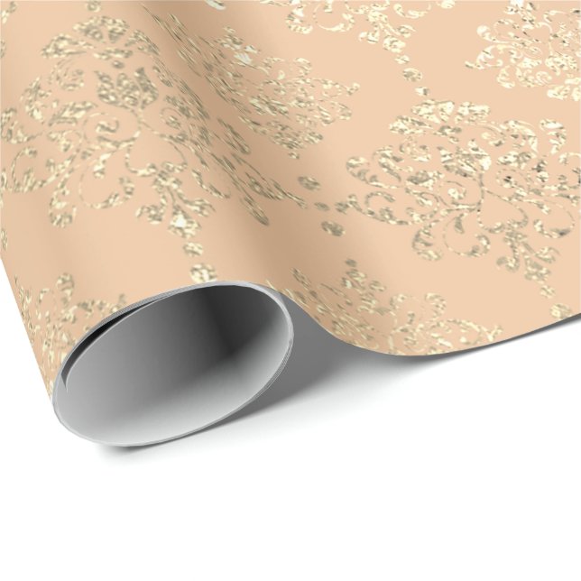 Damask Champagne Gold Royal Metallic Peach Salmon Wrapping Paper (Roll Corner)