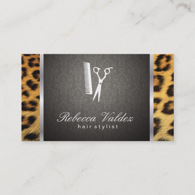 Damask Cheetah Print Silver Trim Business Card (Front)