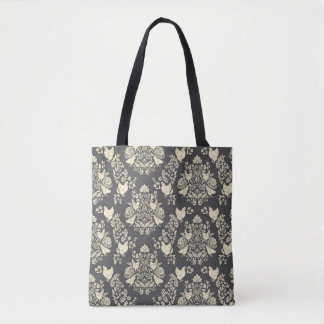 Damask Chicken & Florals in Warm Grey & Cream Tote Bag