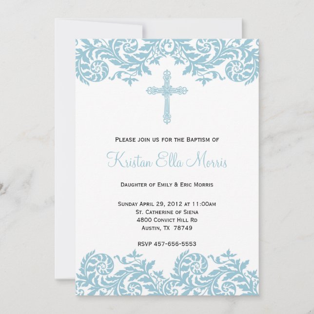 Damask Christening Baptism Invitation (Front)
