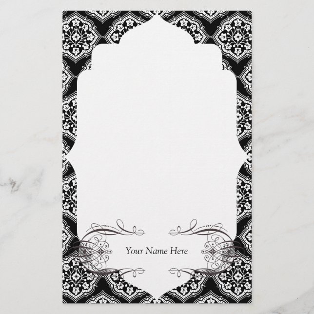 Damask Classic Black White Elegant Stationery (Front)