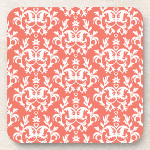 Damask coral orange white graphic Kangaroo Paws Coaster