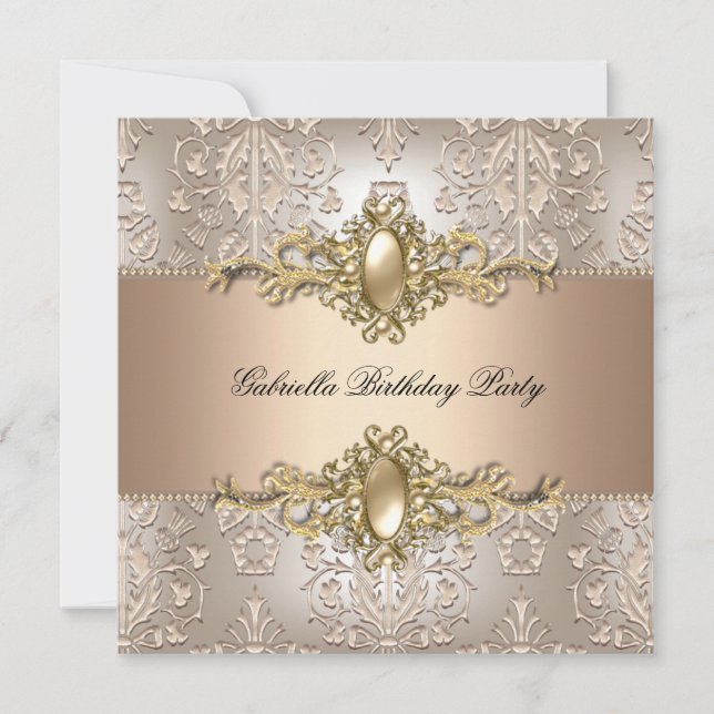 Damask Cream Coffee Birthday Party Pearl Invitation (Front)