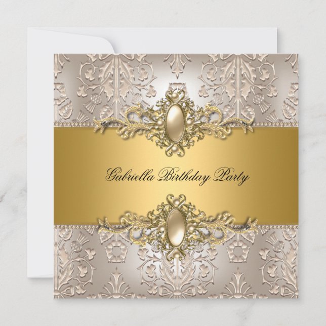 Damask Cream Gold Birthday Party Pearl Invitation (Front)