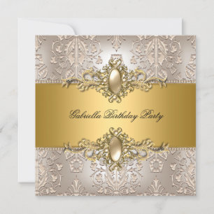 Damask Cream Gold Birthday Party Pearl Invitation