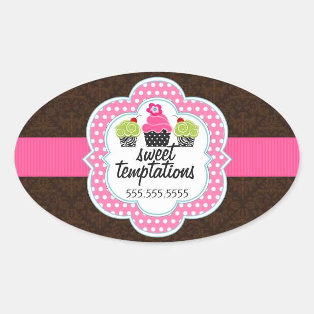 Damask Cupcake Bakery Business Oval Sticker (Front)