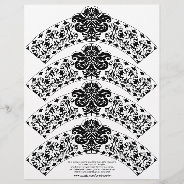 Damask Cupcake Wrapper Black on White (Front)