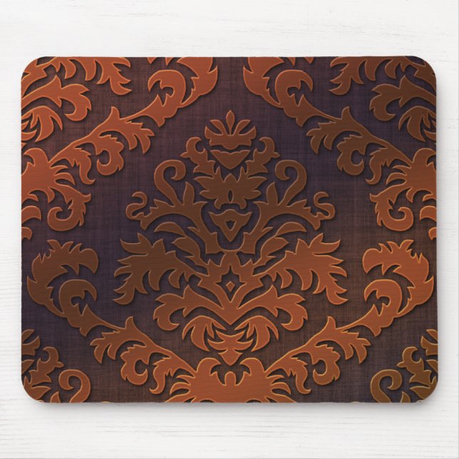 Damask Cut Velvet, Shadow in Orange & Brown Mouse Mat (Front)