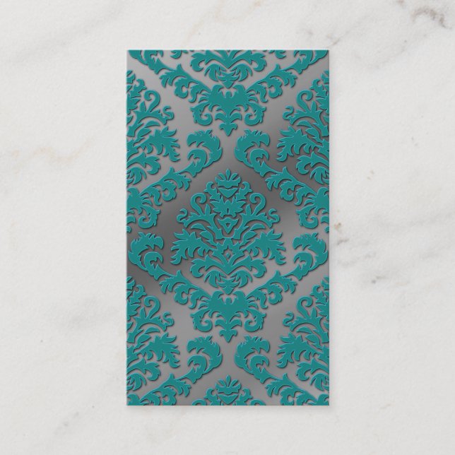 Damask Cut Velvet, Silver Metallic in Teal & Grey Business Card (Front)