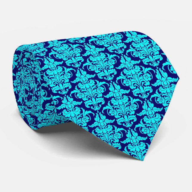Damask - Cyan on Deep Navy Tie (Rolled)